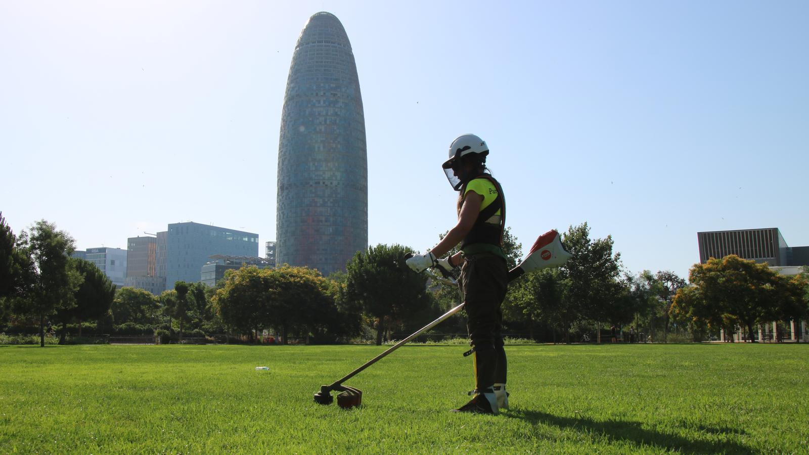 Una trabajadora de Parques y Jardines, en el claro de Glòries, en Barcelona