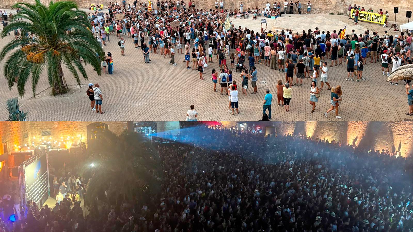 Above, the image of Sunday's demonstration when the National Police had already closed access to the Arches. Below, the Atlantis Film Fest event last Wednesday evening