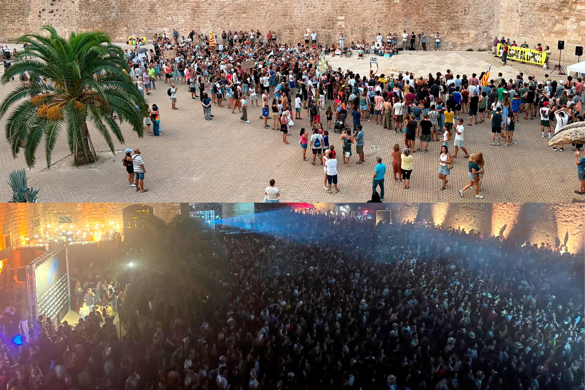 A dalt, la imatge de la manifestació de diumenge quan la Policia Nacional ja havia tancat l'accés a les Voltes. A baix, l'esdeveniment de l'Atlàntida Film Fest el passat dimecres vespre