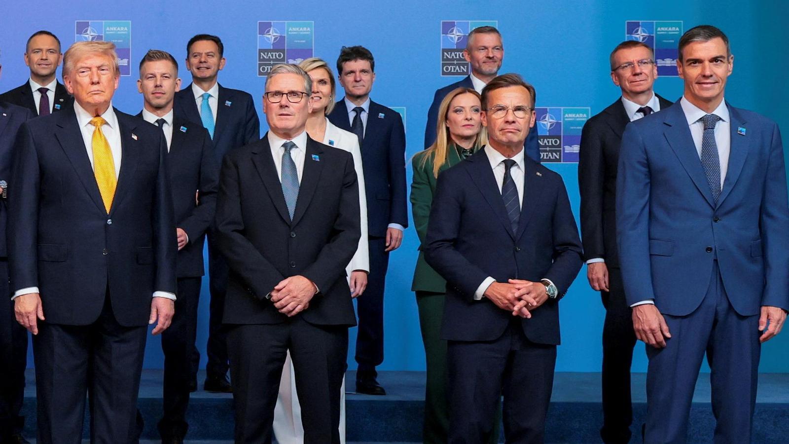 The President of the United States, Donald Trump, poses for a family photo accompanied by the British Prime Minister, Keir Starmer; the Prime Minister of Sweden, Ulf Kristersson; the President of the Spanish Government, Pedro Sánchez, and other leaders during the NATO leaders' summit at the Presidential Complex of Bestepe, in Ankara (Turkey), on July 8, 2026.