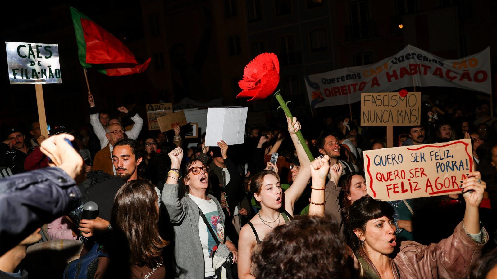 Portuguese unions and housing activists demonstrate in front of the Parliament headquarters while the chamber decides the 2027 budget, in Lisbon, Portugal, on October 27, 2026