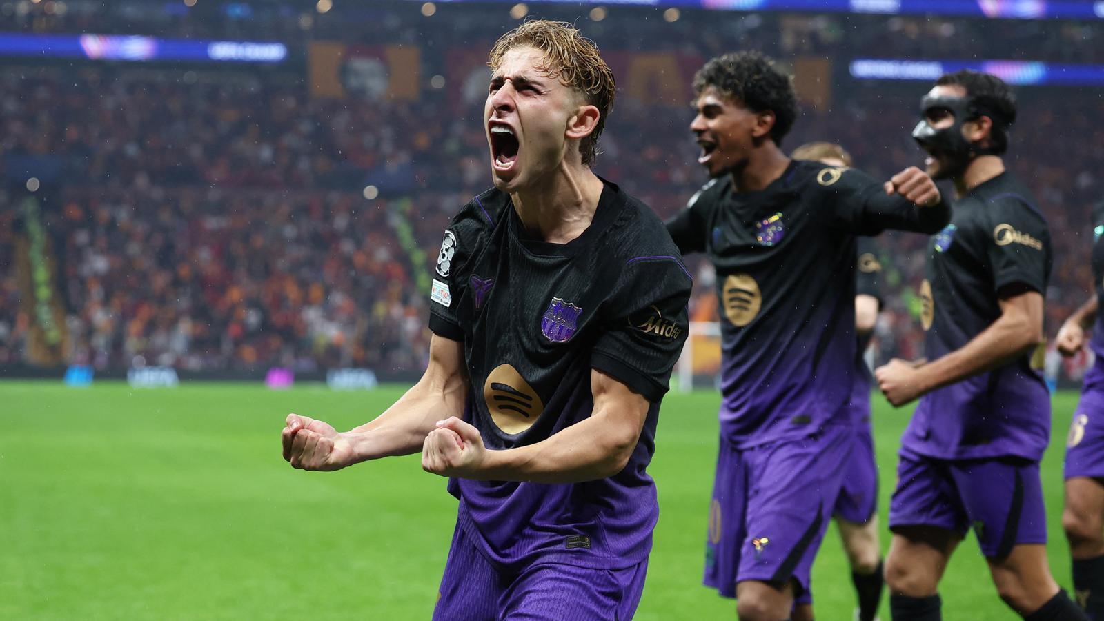 FC Barcelona player Fermín López celebrates his second goal against Galatasaray in the Champions League match in Istanbul, on October 13, 2026.
