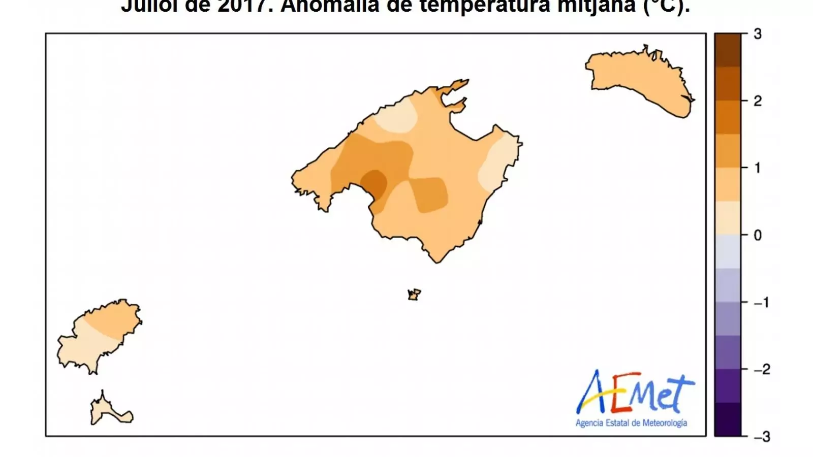 El mapa mostra la temperatura mitjana registrada aquest juliol comparada amb la mitjana del mateix mes en el període 1971-2000