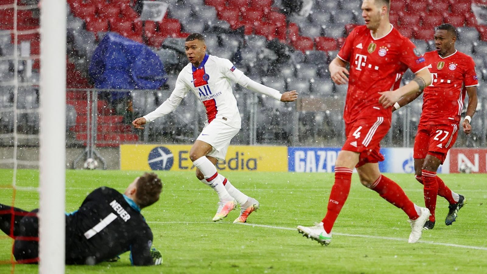 Mbappé, marcant el primer gol del PSG al camp del Bayern Munic a l'anada dels quarts de final de la Champions