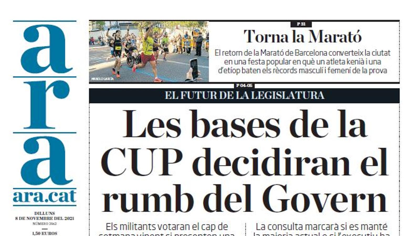 Portada de l'ARA del dilluns 8 de novembre del 2021
