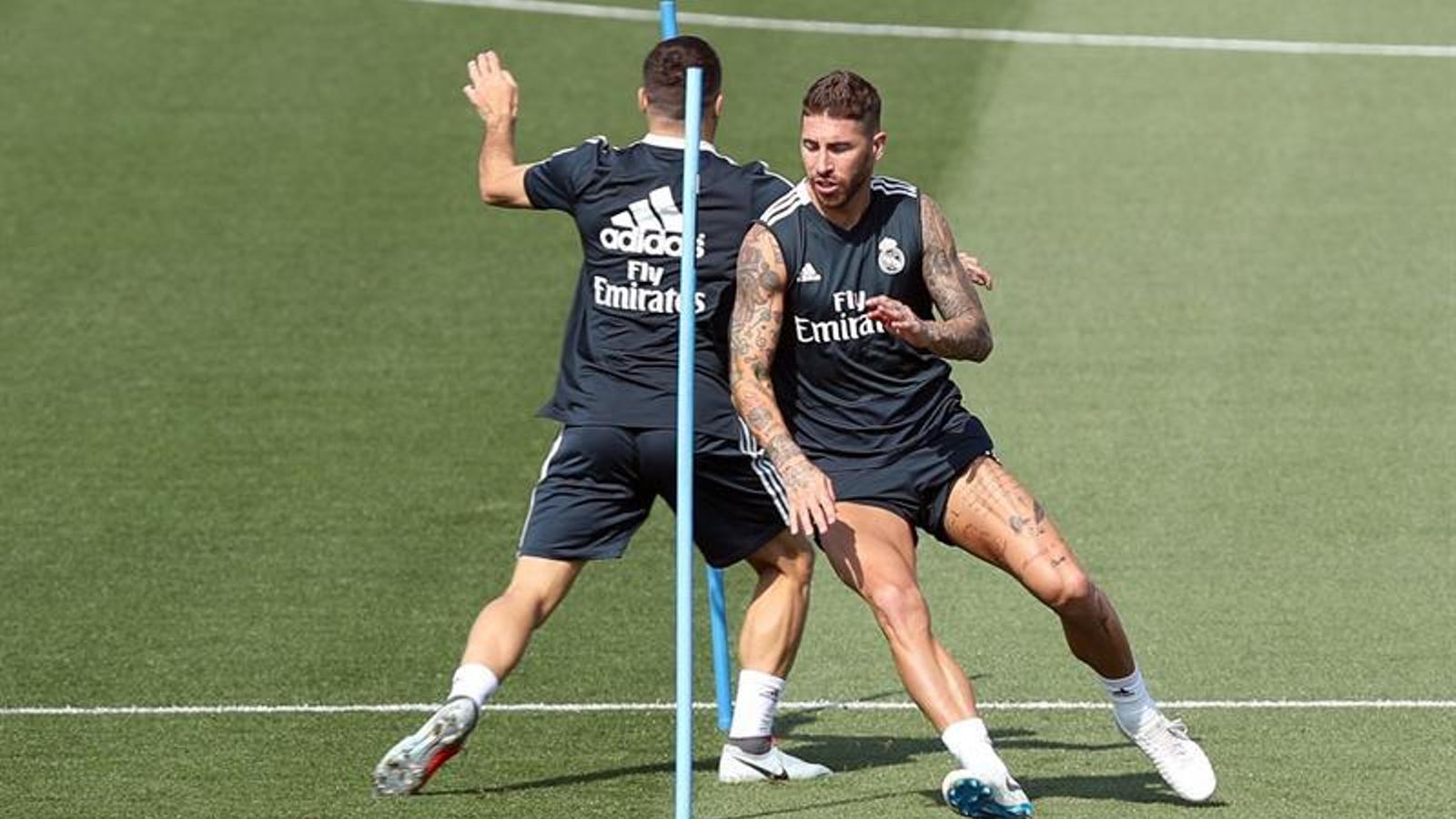 Sergio Ramos, durant l'entrenament previ del Madrid a l'inici de la Lliga