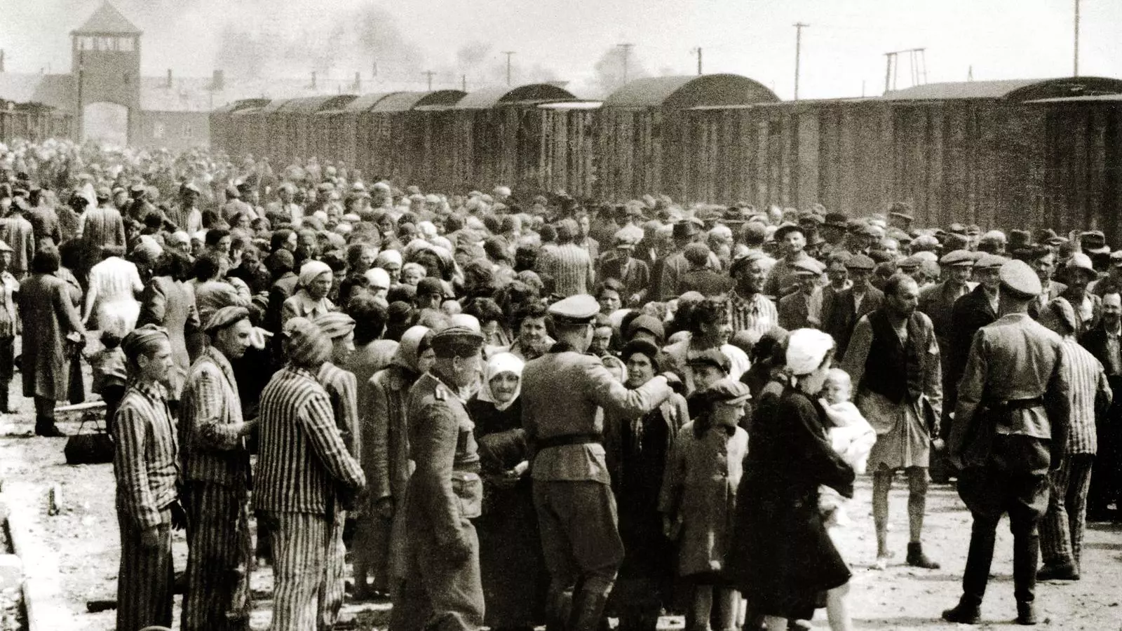 L'arribada d'un grup de deportats al camp de concentració d'Auschwitz