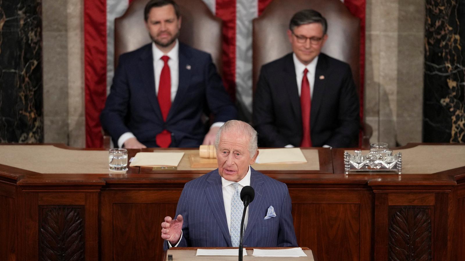 Charles III addresses the United States Congress, under the gaze of the American Vice President, J.D. Vance, and the Speaker of the House of Representatives, Mike Johnson.