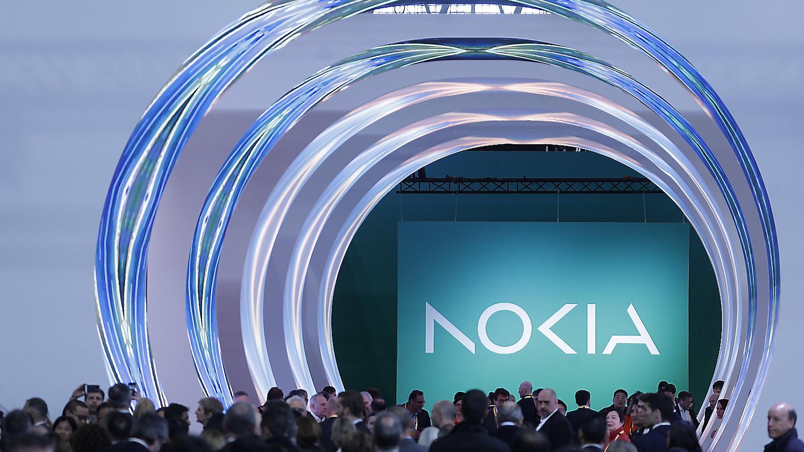 General view of the Nokia stand at the Mobile World Congress, with the company's new logo.