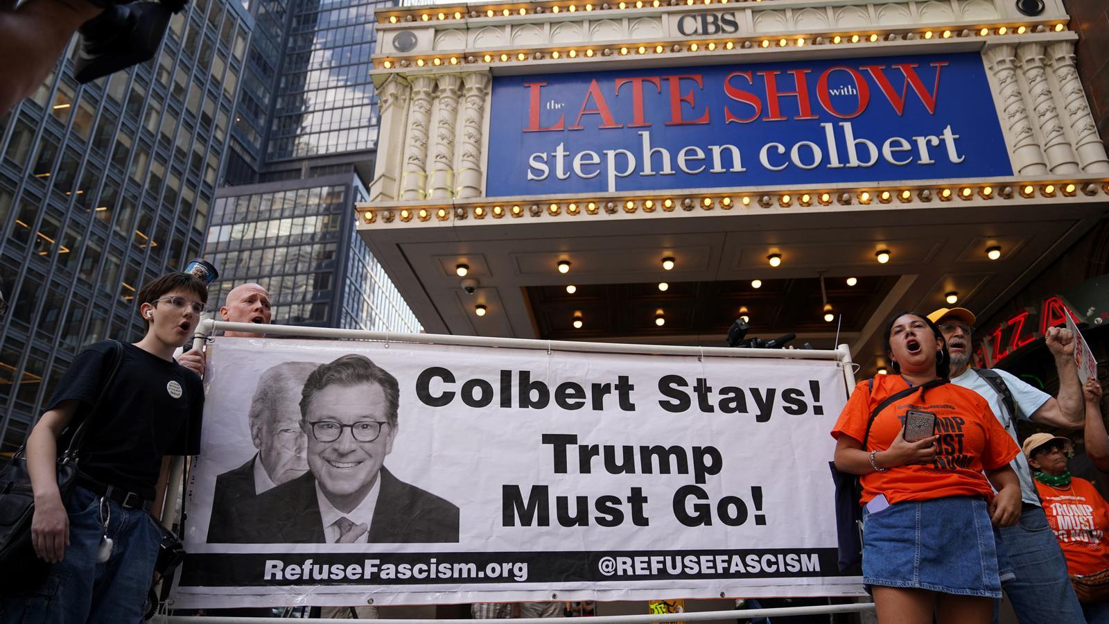 Protests outside the theater where Colbert's show is hosted
