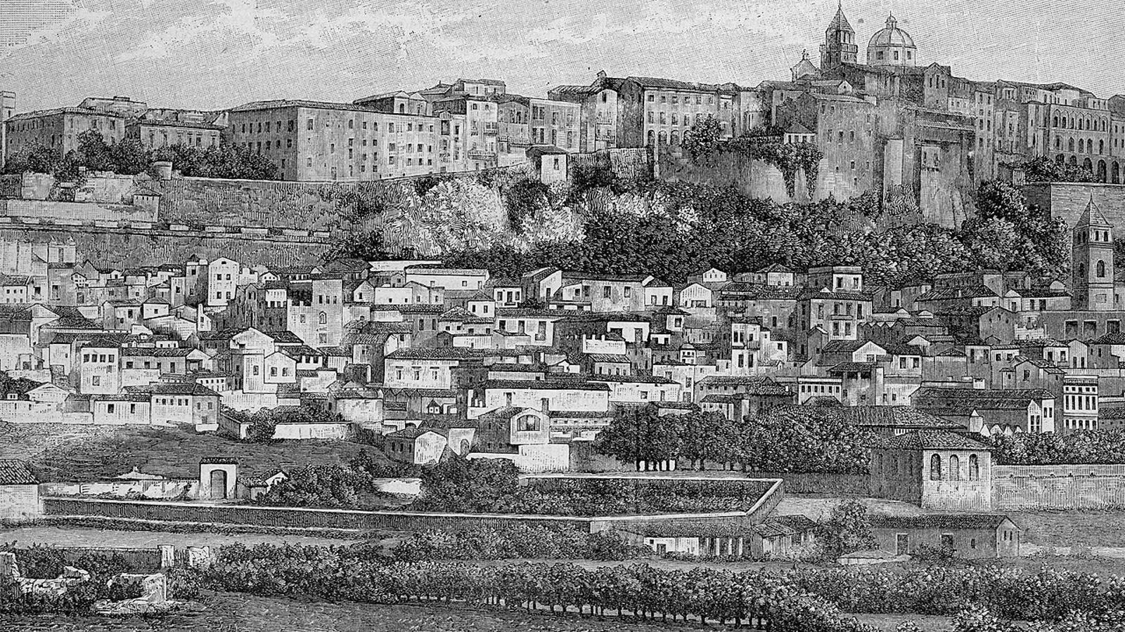 La ciudad de Cagliari a finales del siglo XIX, representada en una xilografía