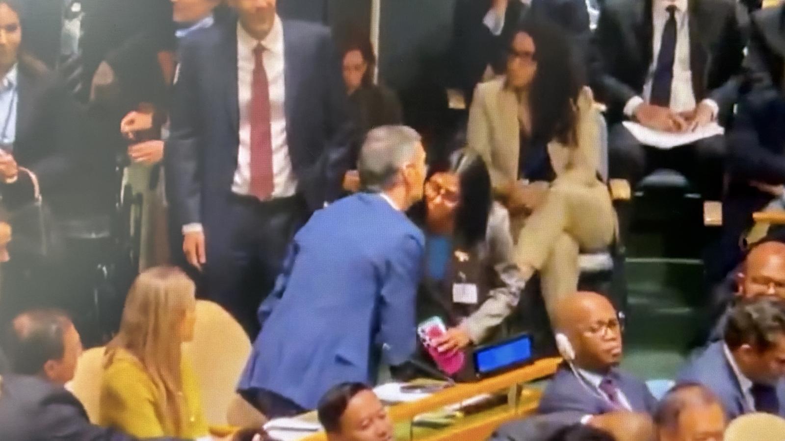 The president in charge of Venezuela, Delcy Rodríguez, greets the president of the Spanish government, Pedro Sánchez, during the 81st General Assembly of the United Nations in New York.