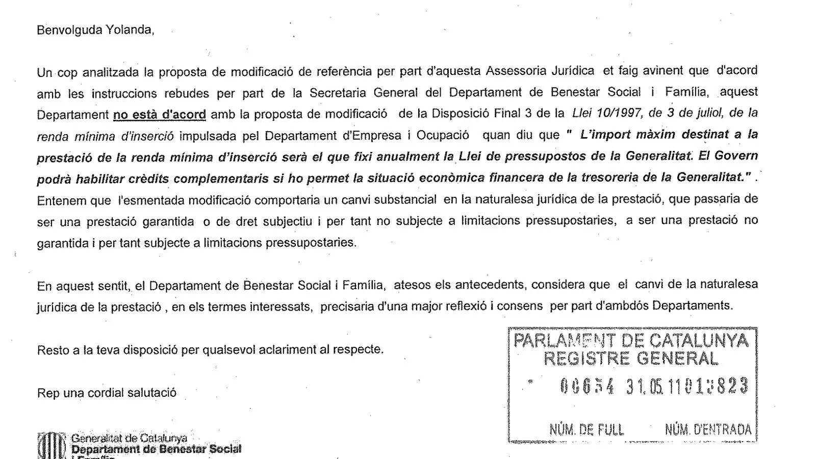 mail de Benestar Social i Família sobre el PIRMI