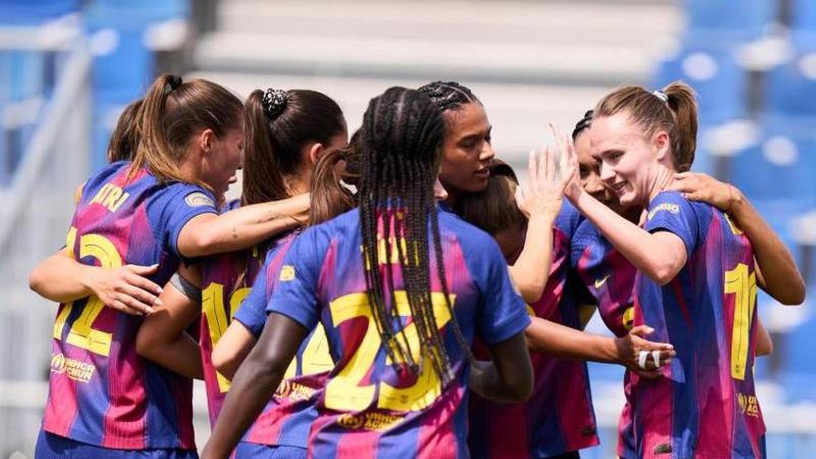 Barça celebrates one of Graham Hansen's goals against Madrid CFF