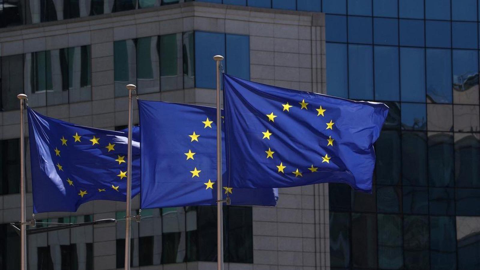 European flags in front of the Berlaymont, the headquarters of the European Commission, in Brussels.