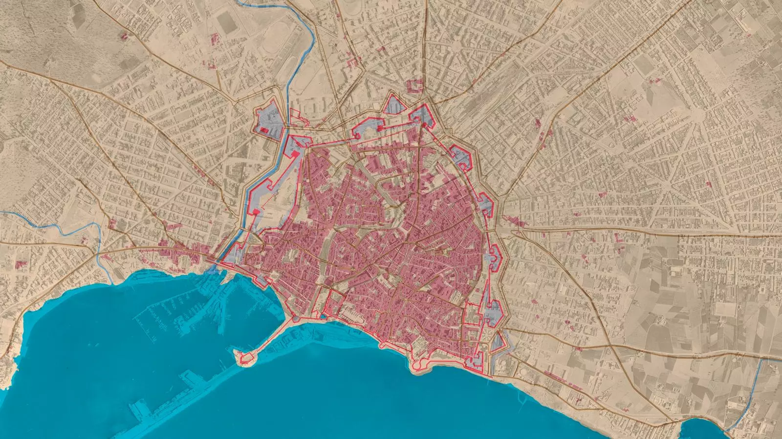 Cartografia digitalitzada de la Carta Històrica de l’any 1715, amb la imatge aèria del 1956 de fons.