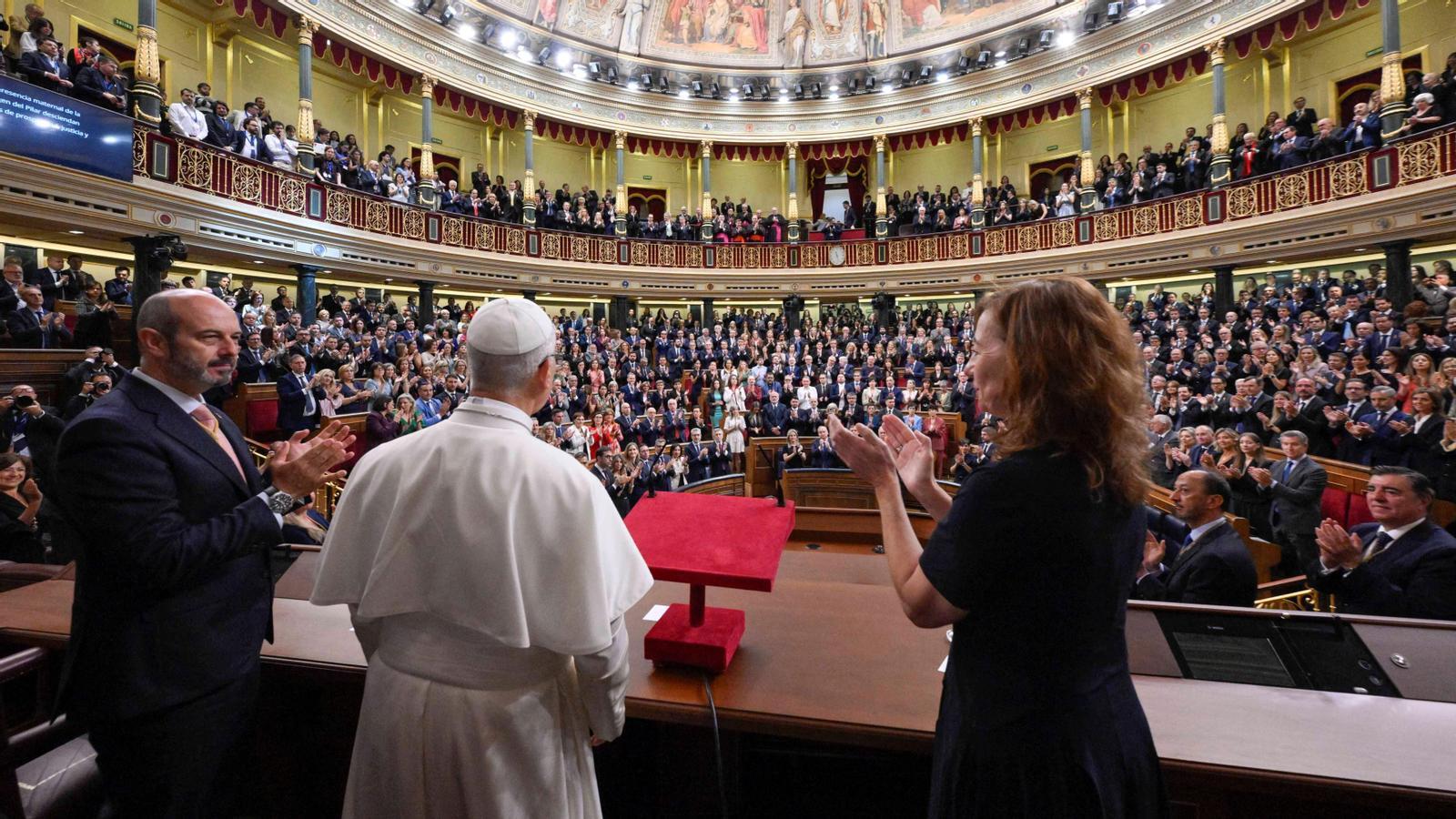 Pope Leo XIV is applauded at the end of his speech during his visit to the Spanish Courts, next to Francina Armengol, president of the Congress of Deputies of Spain and Pedro Rollan, president of the Senate, during his apostolic journey to Madrid, Spain, on June 8, 2026.