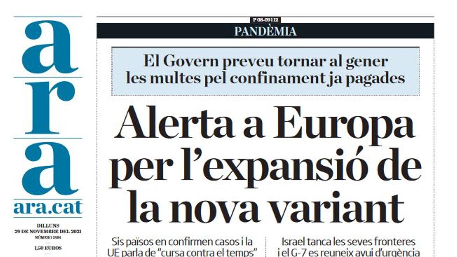 Portada de l'ARA del dilluns 29 de novembre del 2021