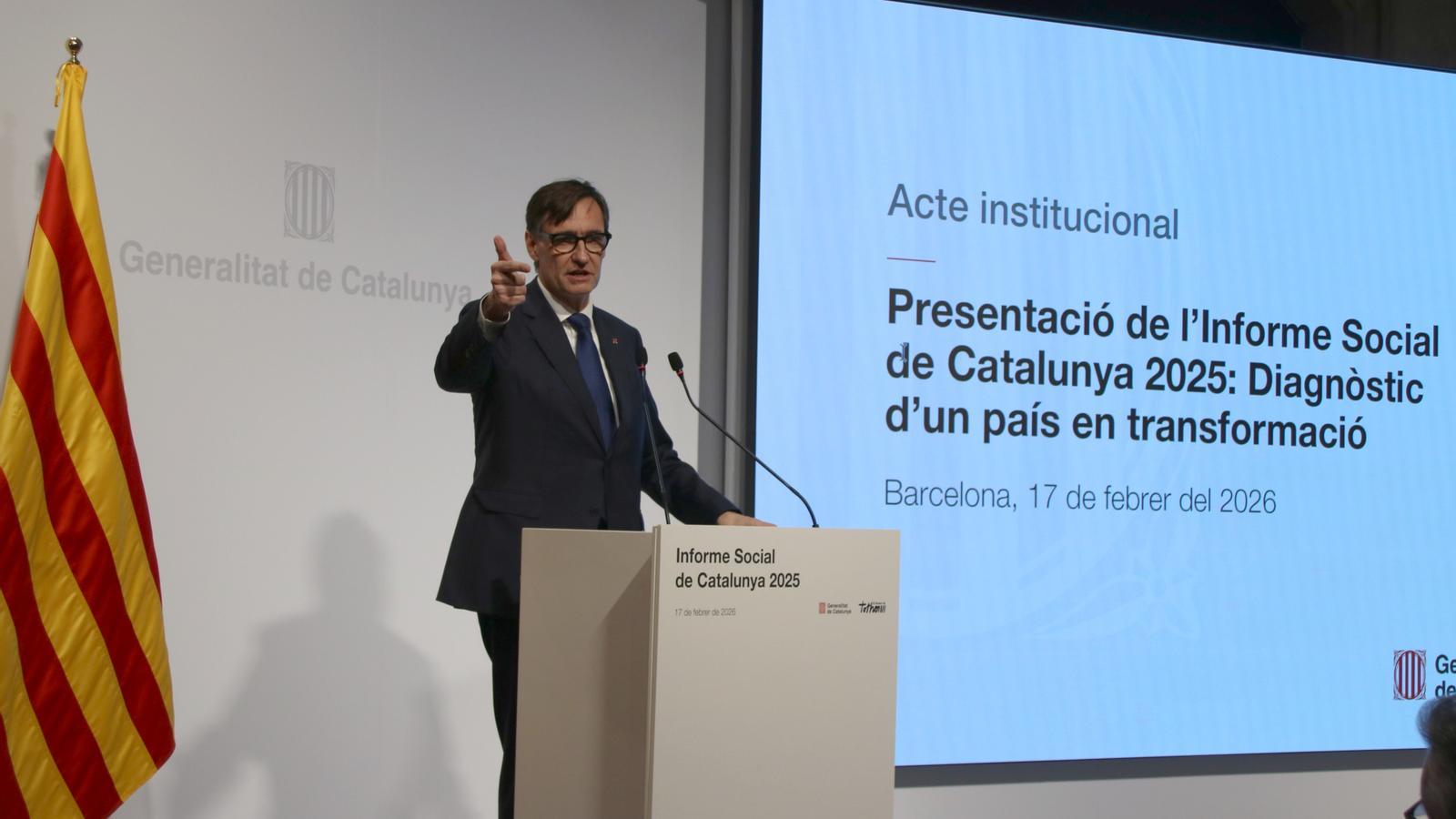 El president del Govern, Salvador Illa, en la presentació de l‘Informe social de Catalunya 2025