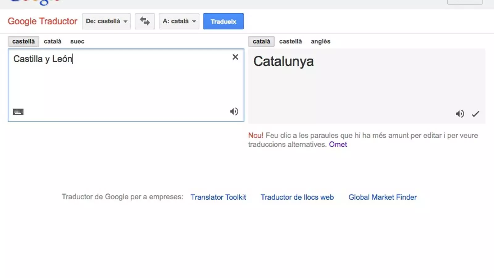 Captura de pantalla on Google tradueix 'Castilla y León' per 'Catalunya'