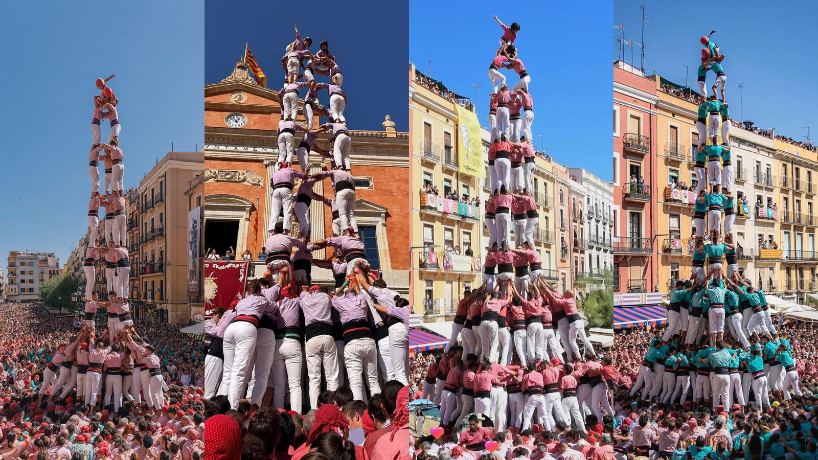 Montage with the 3d9f of the Xiquets de Tarragona, the 5d9f of the Jove de Tarragona, the 4d10fm of the Colla Vella in Tarragona and the 3d10fm of the Castellers de Vilafranca in Tarragona.