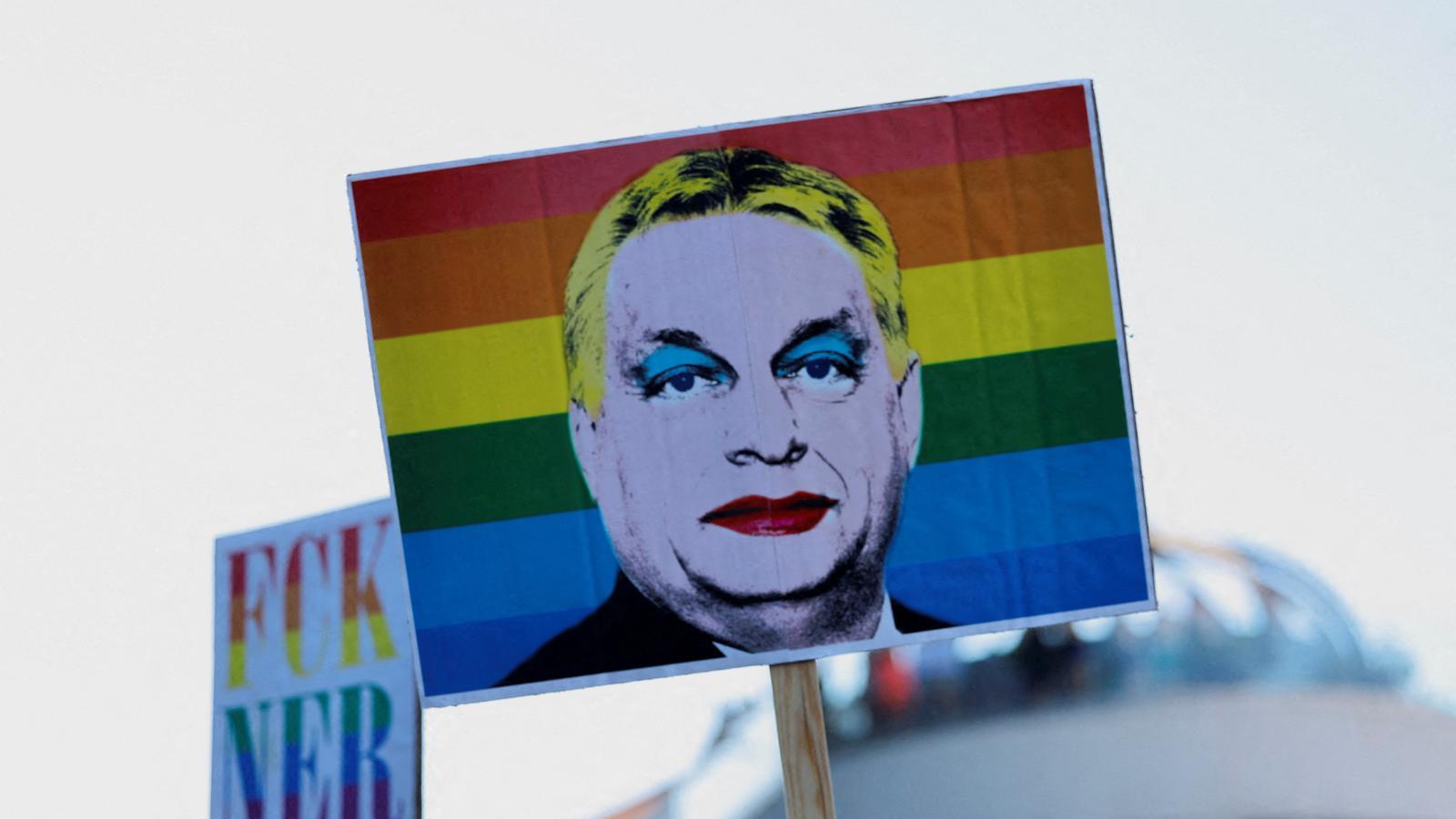 A poster with the image of the Hungarian Prime Minister, Viktor Orbán, during the Budapest Pride March, on June 28.