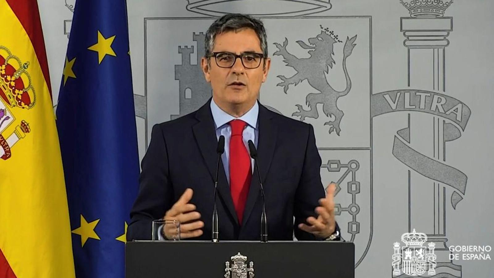 El ministro de Presidencia, Justicia y Relaciones con las Cortes, Félix Bolaños, durante la intervención institucional sobre el aval a la ley de amnistía del TJUE.