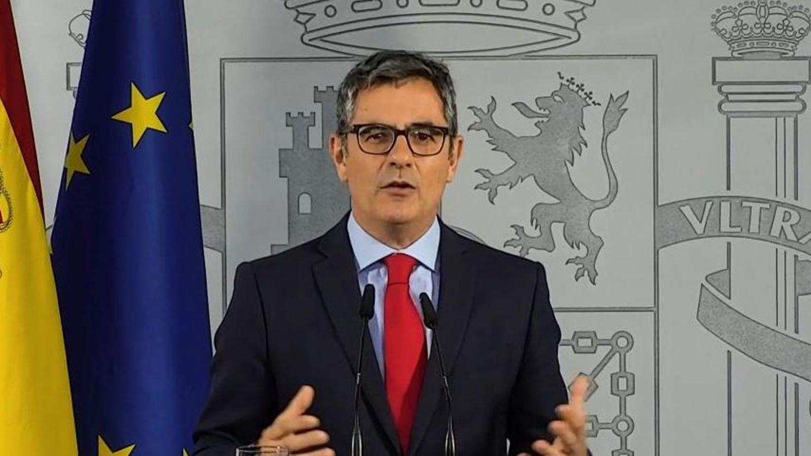El ministro de Presidencia, Justicia y Relaciones con las Cortes, Félix Bolaños, durante la intervención institucional sobre el aval a la ley de amnistía del TJUE.