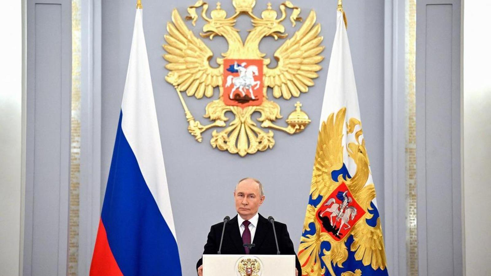 The Russian president, Vladimir Putin, at a conference in Moscow