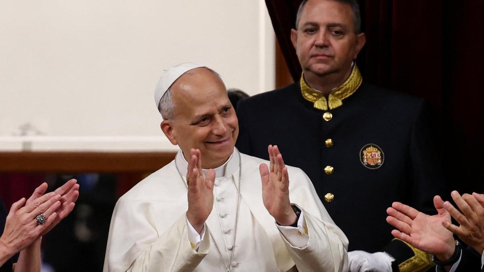 Pope Leo XIV makes a gesture at the end of his speech during his visit to the Spanish Parliament, next to Francina Armengol, president of the Congress of Deputies of Spain, and Pedro Rollan, president of the Senate, during his apostolic journey to Madrid, Spain, on June 8, 2026.
