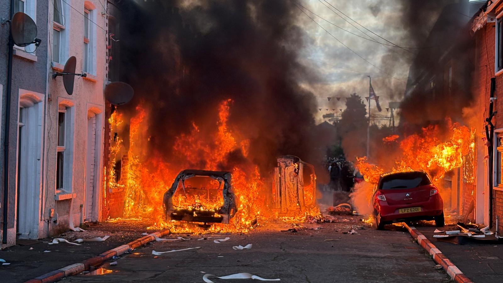 Another aspect of Lendrick Street, in Belfast, after the fires caused by the protesters.