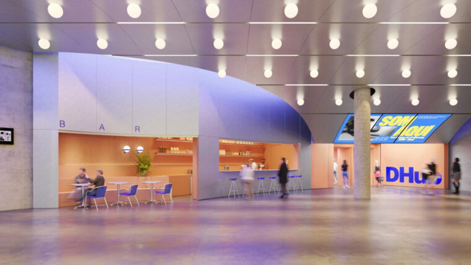 Digital image of the new lobby of the Glòries metro station at the DHub