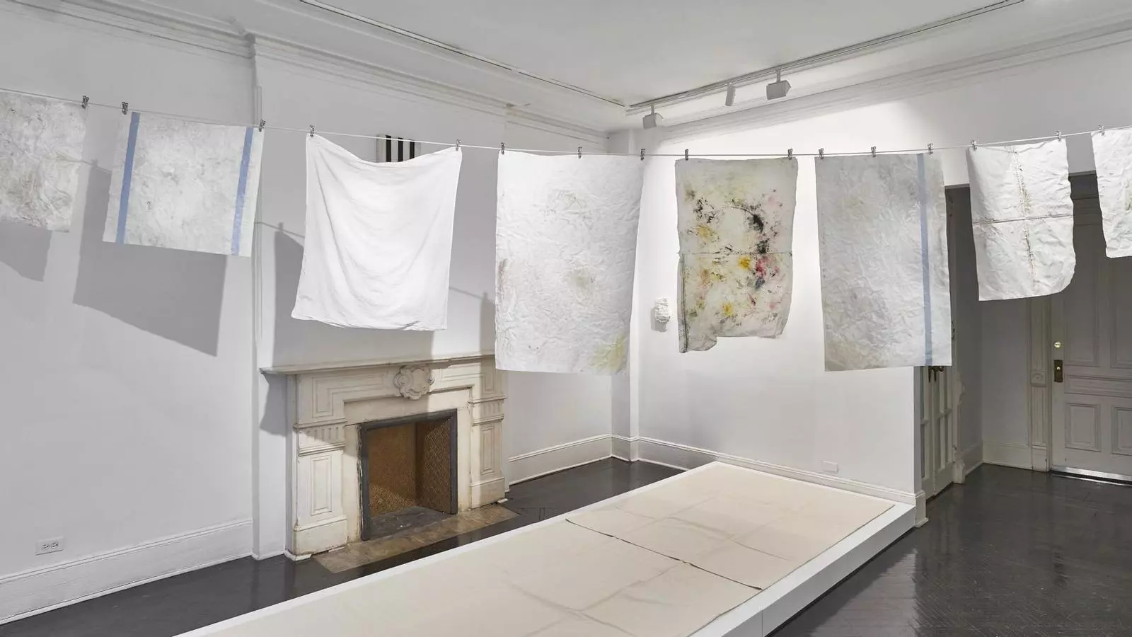 Obra d'Elena del Rivero, acrílic damunt tela, corda i agulles d’estendre roba.