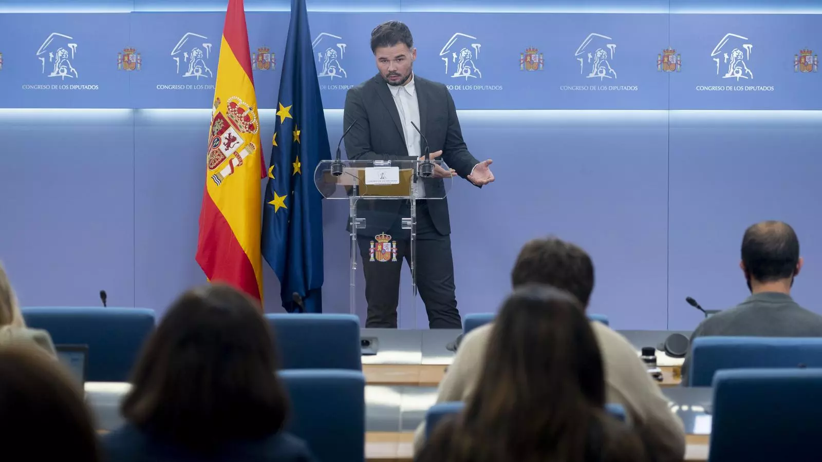 El portaveu d'ERC al Congrés, Gabriel Rufián, a la roda de premsa on s'ha anunciat l'acord.