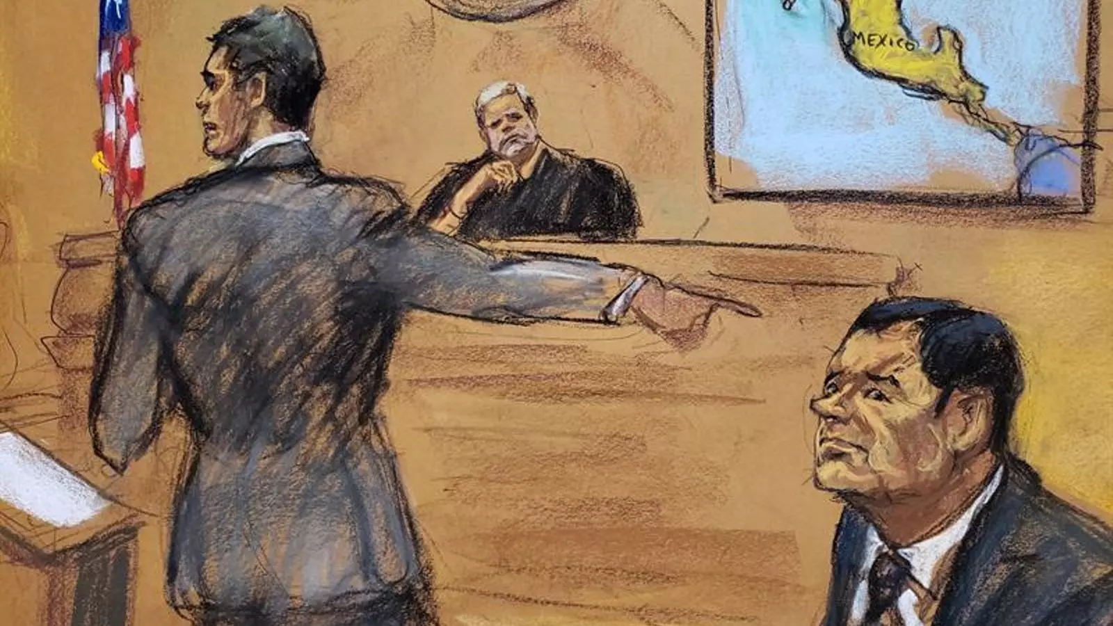 Dibuix de Jane Rosenberg on apareix assegut 'El Chapo' amb el fiscal i el jutge
