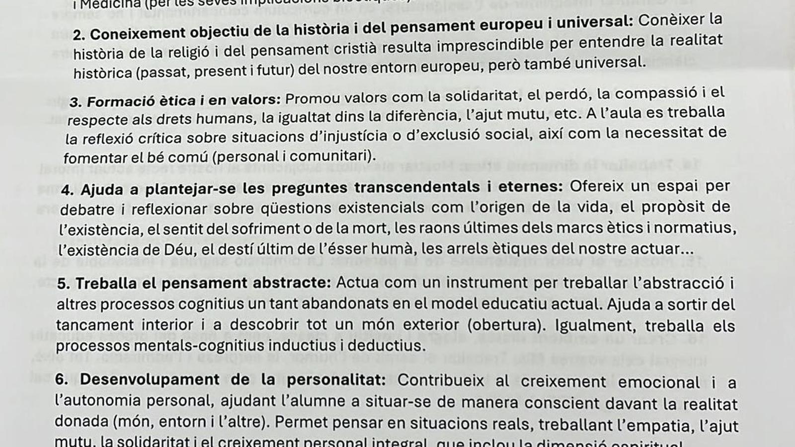 Fragment del document que el Departament de Religió ha entregat als alumnes per demanar-los que fassin l'assignatura.
