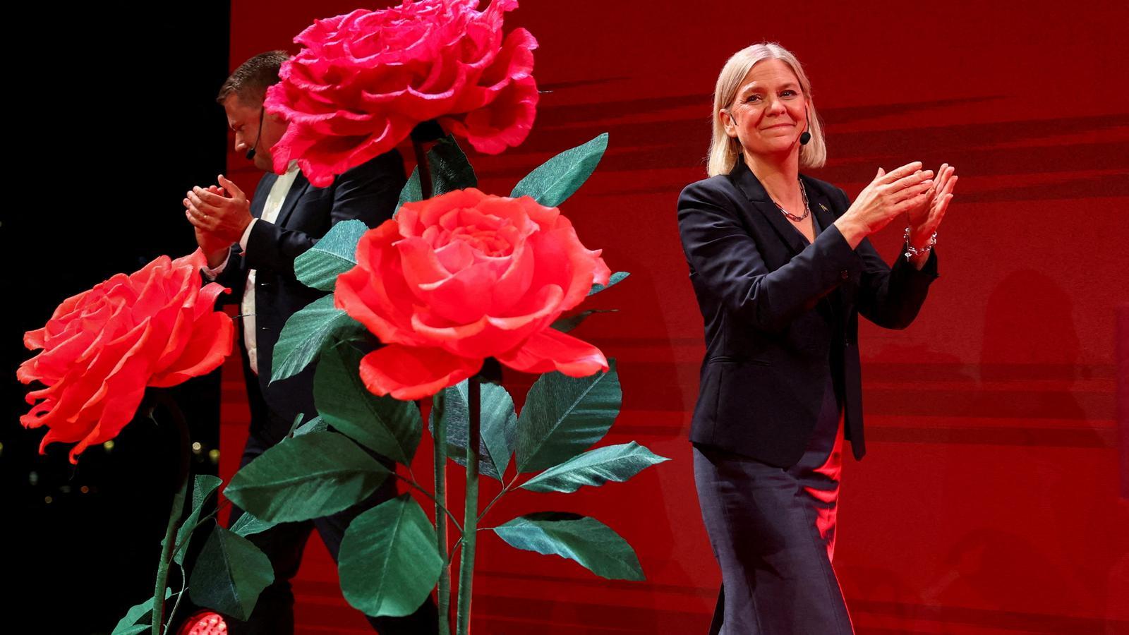 La líder socialdemócrata sueca, Magdalena Andersson, la noche electoral de las elecciones legislativas.