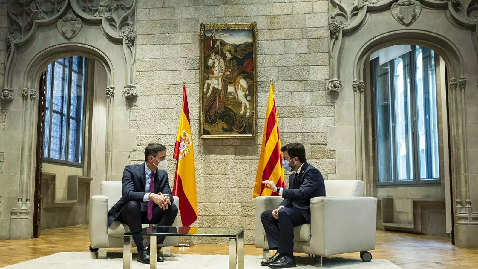 Pere Aragonès i Pedro Sánchez, reunits al Palau de la Generalitat el 15 de setembre amb ocasió de la taula de diàleg entre els governs català i espanyol.