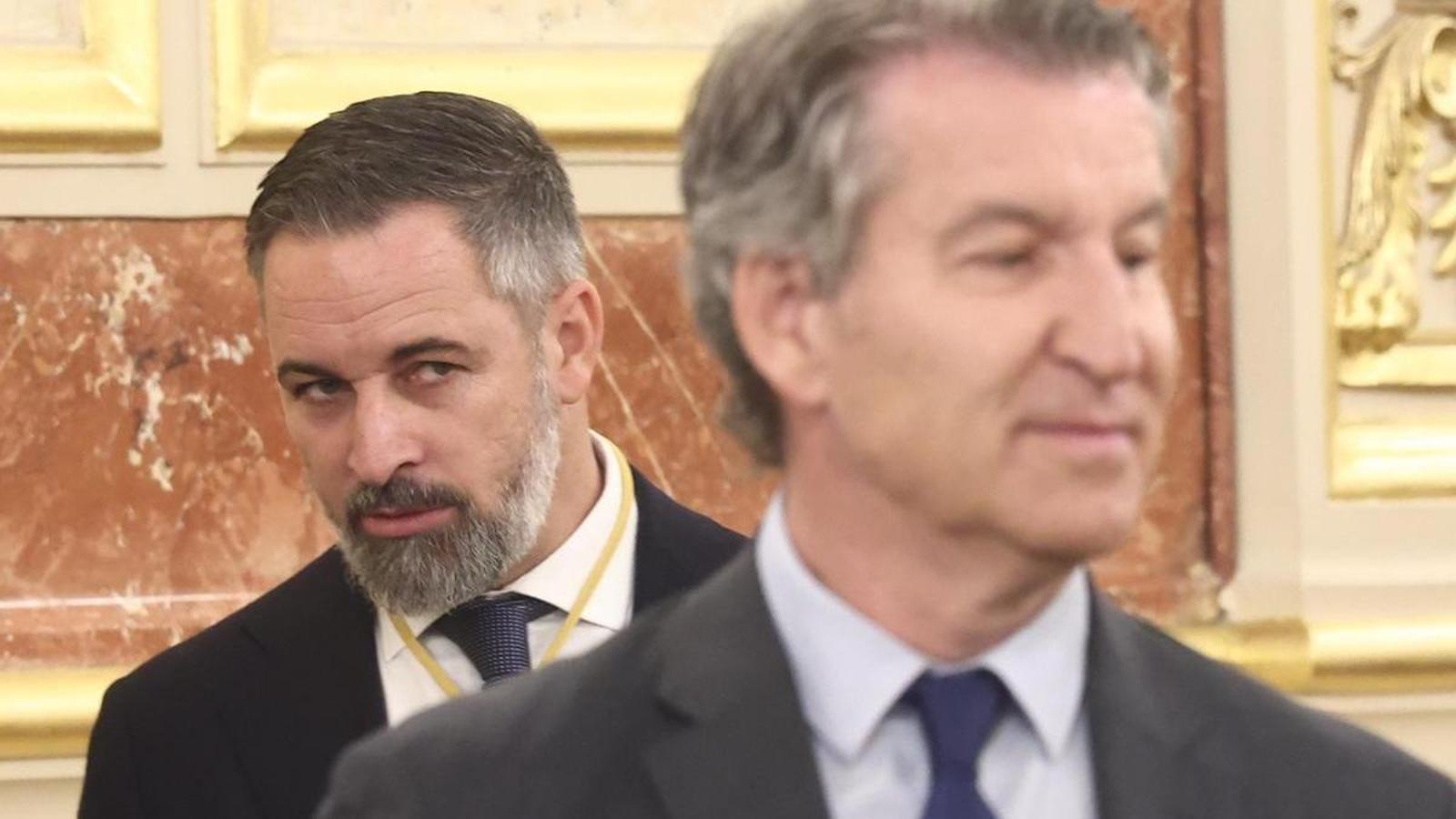 Santiago Abascal and Alberto Núñez Feijóo during Pope Leo XIV's visit to Congress on June 8.