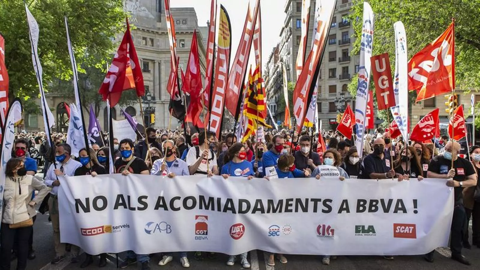 Protesta recent dels treballadors del BBVA al centre de Barcelona.