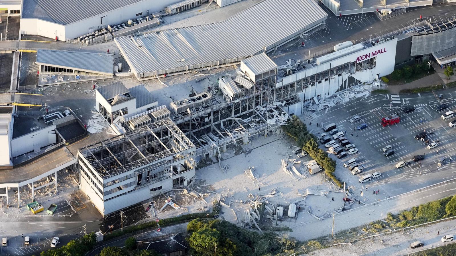 An aerial view shows the Aeon Mall shopping center that suffered damage after an earthquake with a preliminary magnitude of 7.1 struck Kumamoto Prefecture.