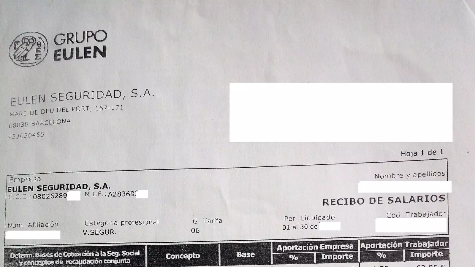 Nòmina d'un vigilant de seguretat d'Eulen a l'aeroport del Prat
