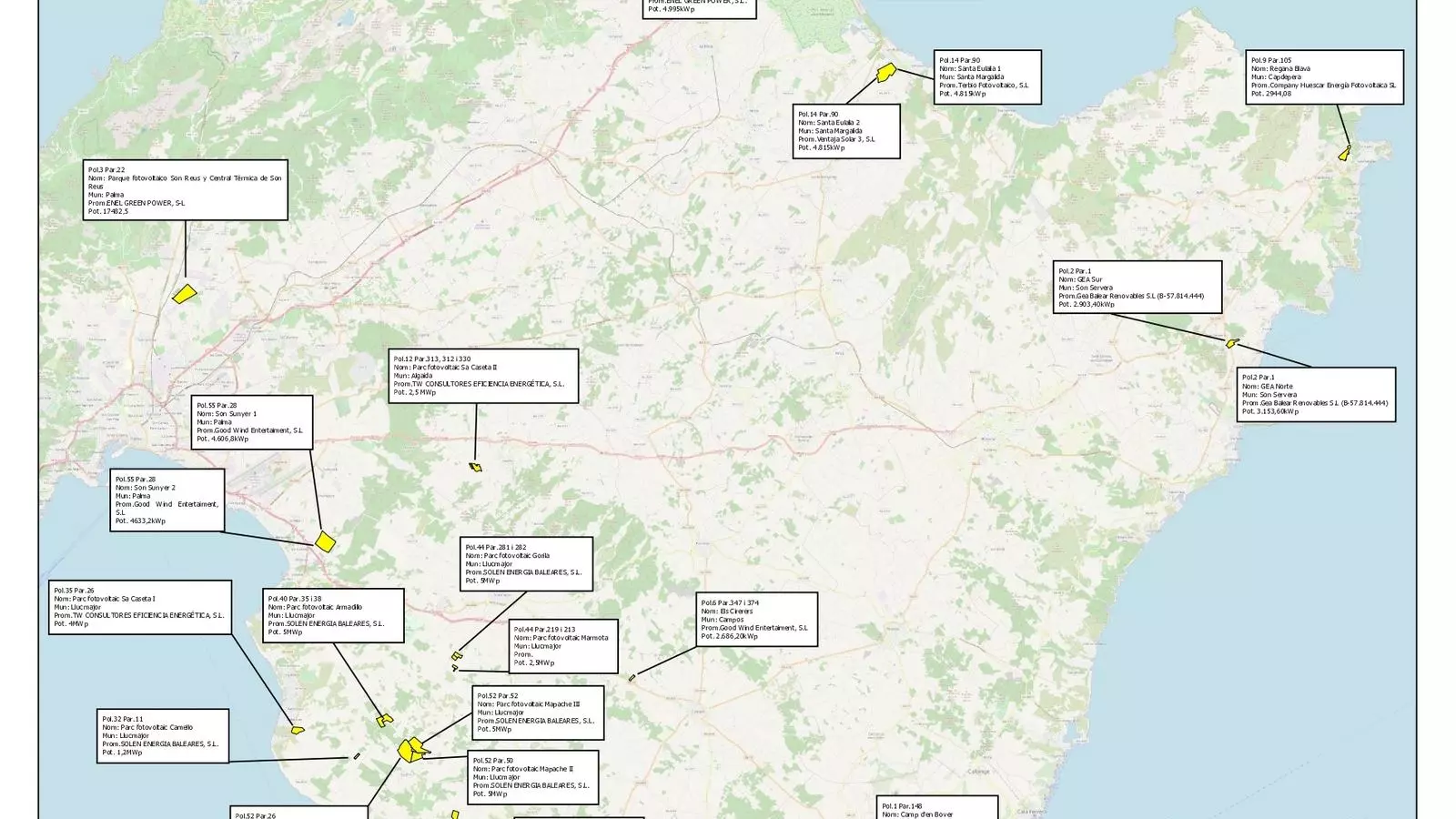 Mapa dels parcs fotovoltaics de Mallorca elaborat pel GOB