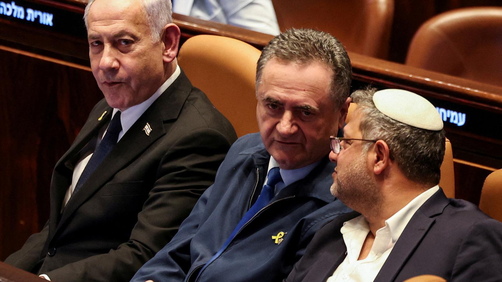 Netanyahu, Defense Minister Israel Katz, and National Security Minister Itamar Ben-Gvir in the Knesset