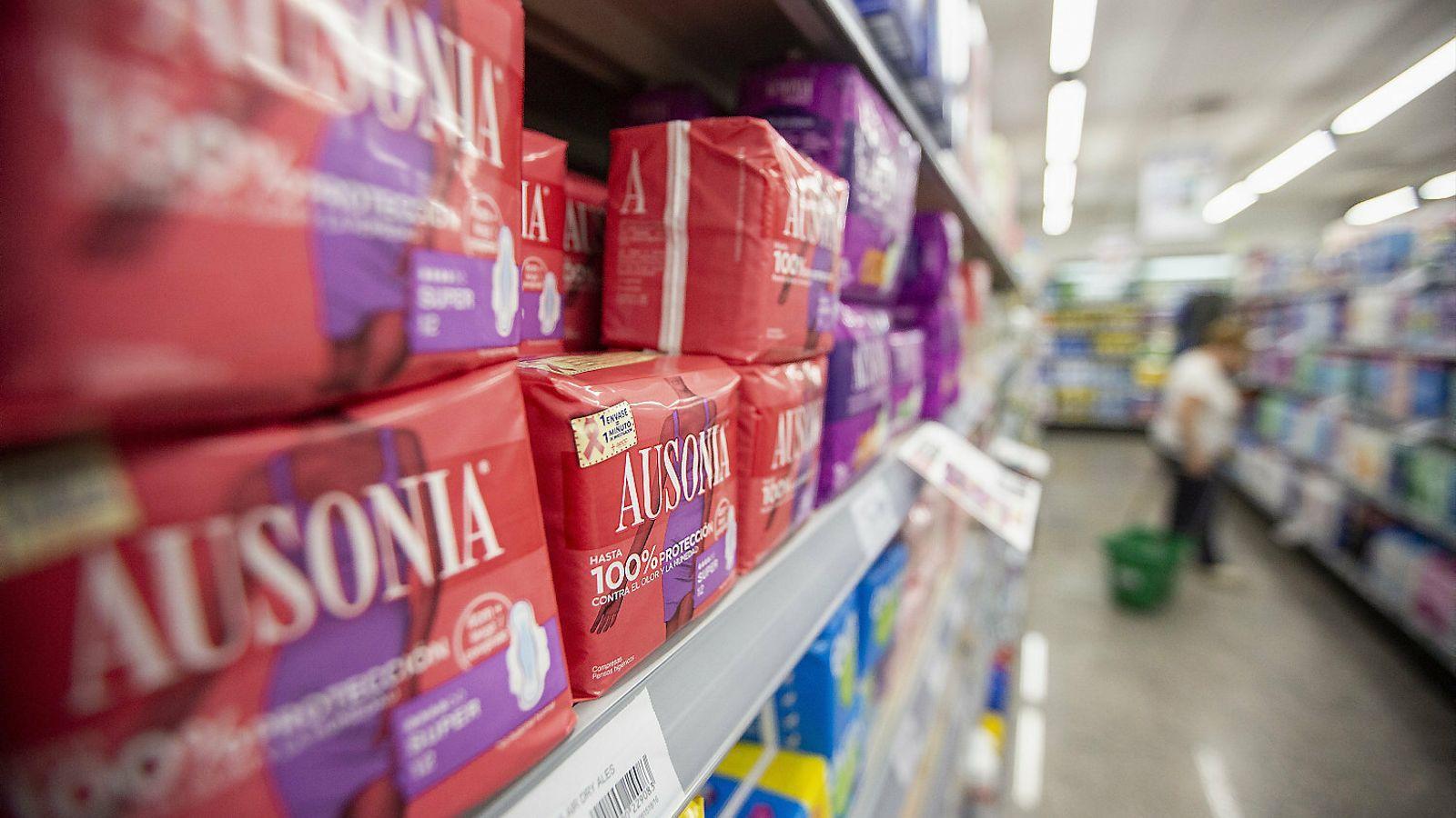 Sanitary pads on display in a supermarket.