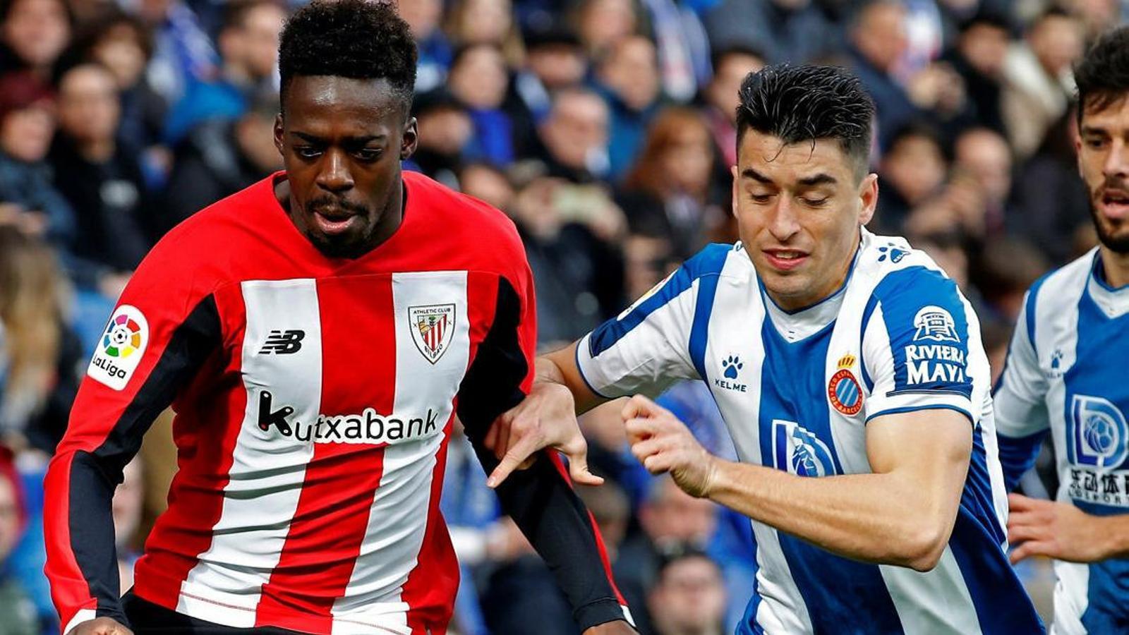 Athletic Club forward Iñaki Williams in action during yesterday's match before being racially abused at Espanyol's stadium.