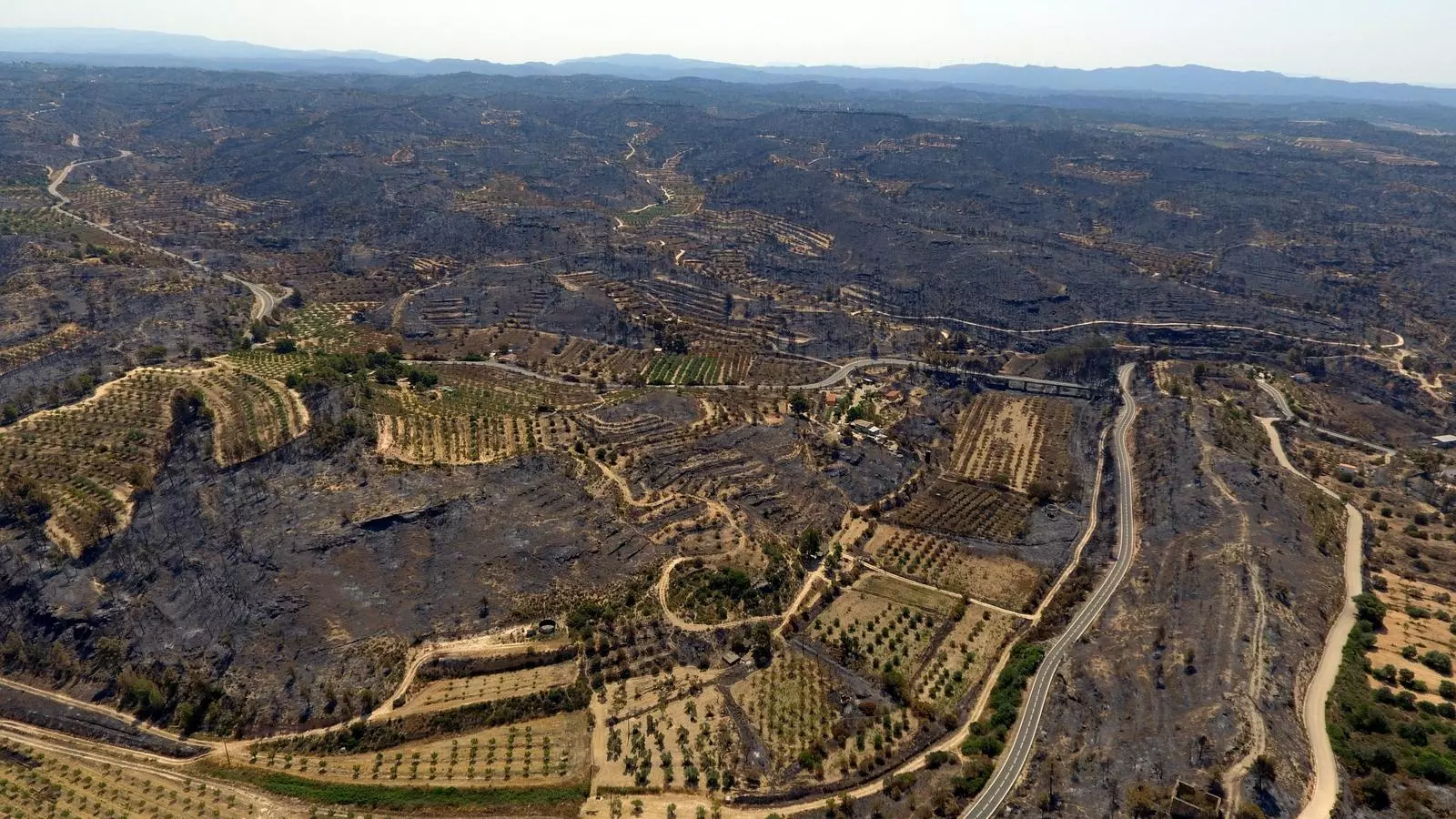 Pla general d'una imatge aèria captada amb dron de l'incendi de la Ribera d'Ebre a la zona situada entre la Palma d'Ebre i Flix.