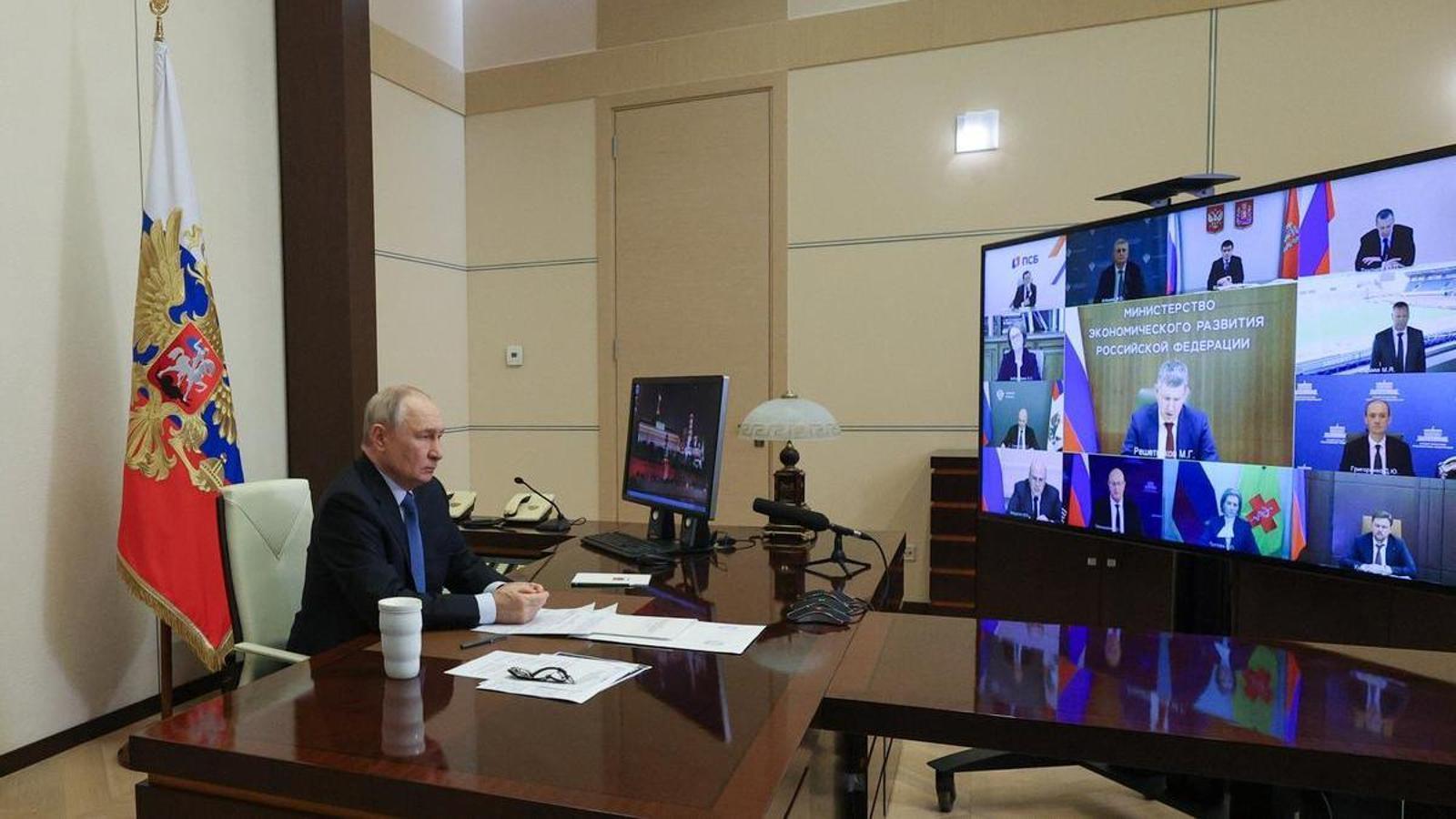 Vladimir Putin, in an image taken during a press conference from the Kremlin.