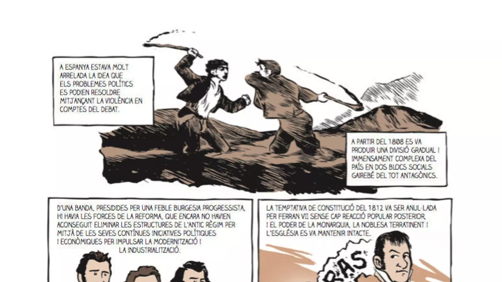 D’esquerra a dreta, la il·lustració inspirada en Goya amb què comença el còmic, la proclamació de la II República, l’aprovació de la Constitució de 1931 i els enfrontaments bèl·lics.