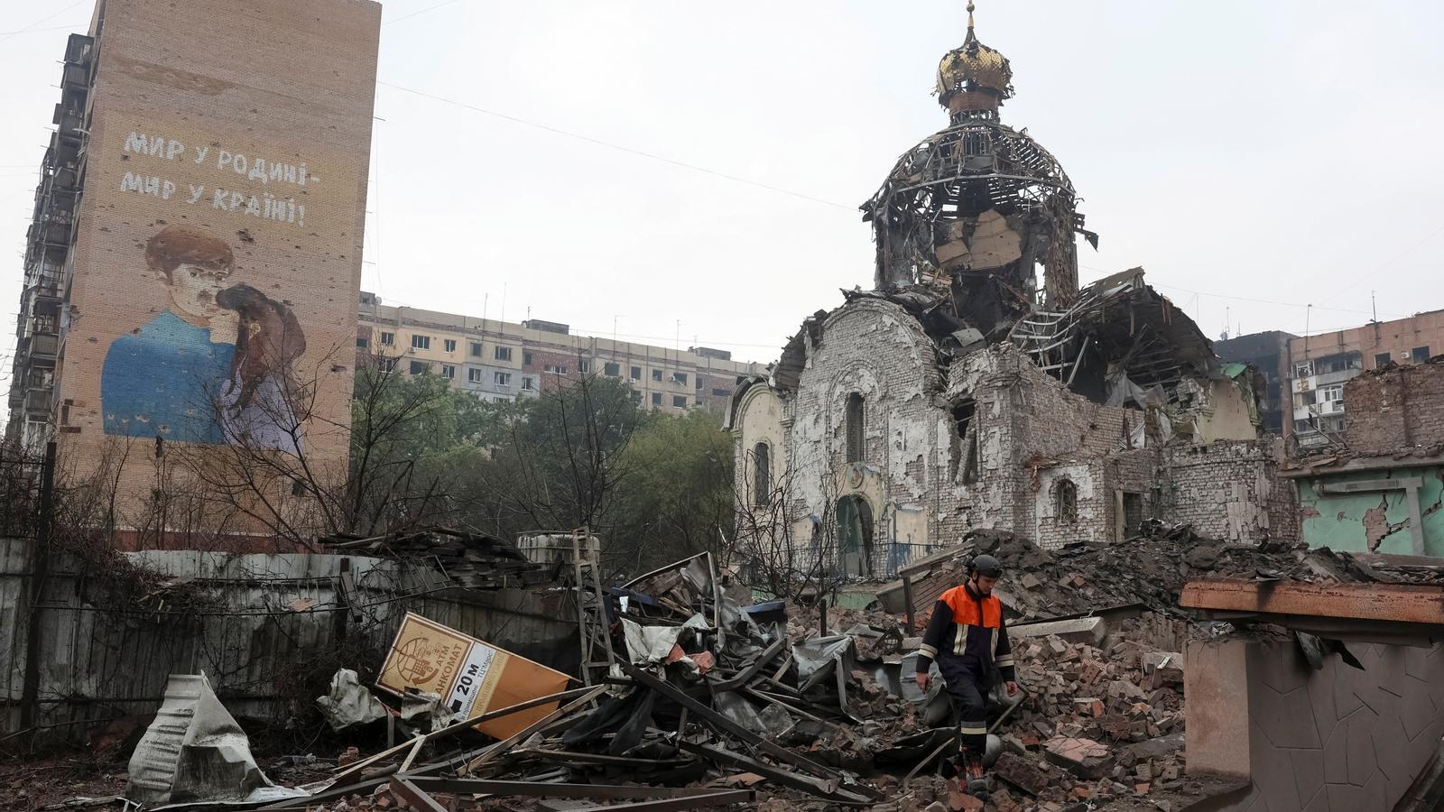 A church in ruins after a Russian attack on the city of Kramatorsk, Ukraine.